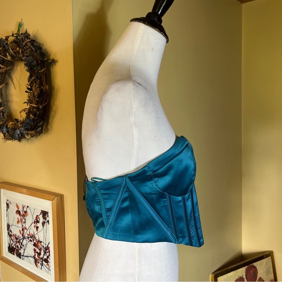 GARAGE Size Medium Corset Top Satin Green Turquoise Boned Zip Back $88 NEW - Picture 3 of 16